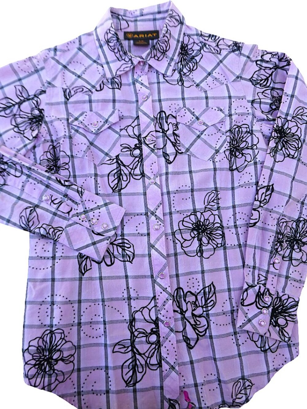 WeSTeRN Ariat Pink Black Pearl Snap Shirt Velvet Floral Metallic Plaid Peaked